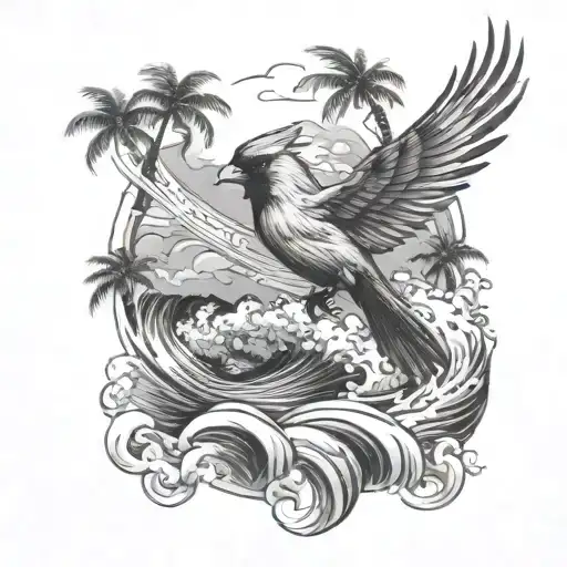 Cardinal Flying Under An Ocean Wave With Palm Tree Background