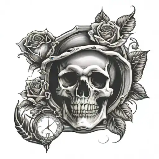 Skull Hand And Rose In Hour Glass