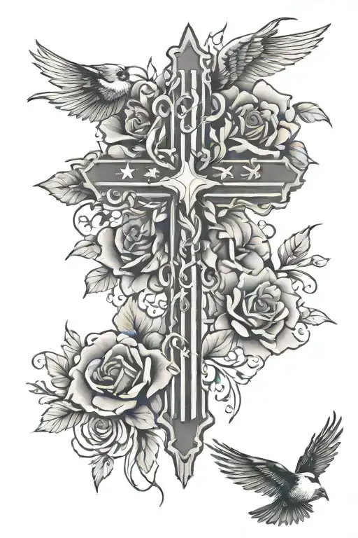 Cross With Flowers Intertwined With Bird And American Flag