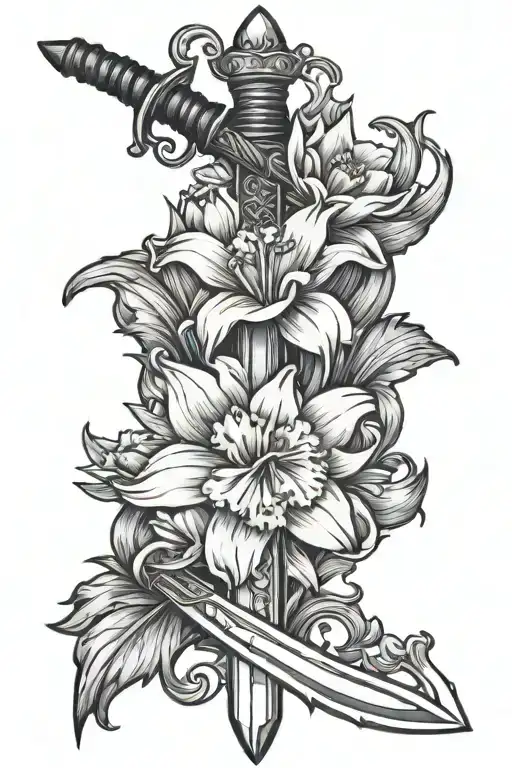 Sword With Daffodil And Aster Flowers Intertwined