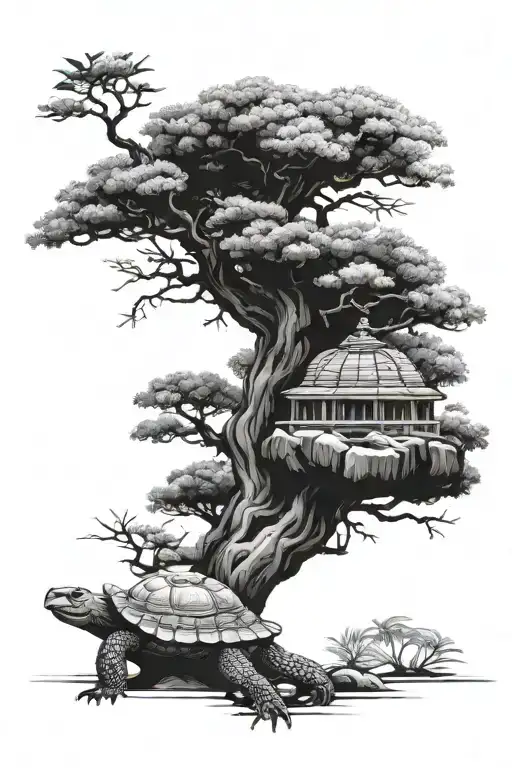 Bonsai Tree Growing On Top Of Tortoise