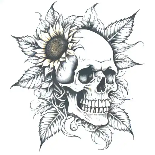 Skull With A Mohawk And Dead Sunflowers Growing Around It