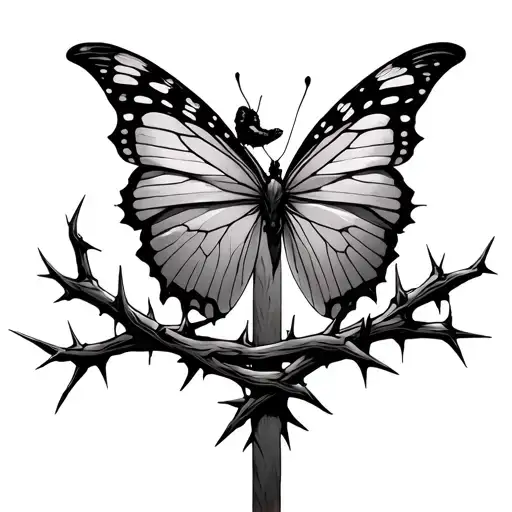 Cross Wrapped With Thorns And A Big Butterfly On Top With Some Little One Around It