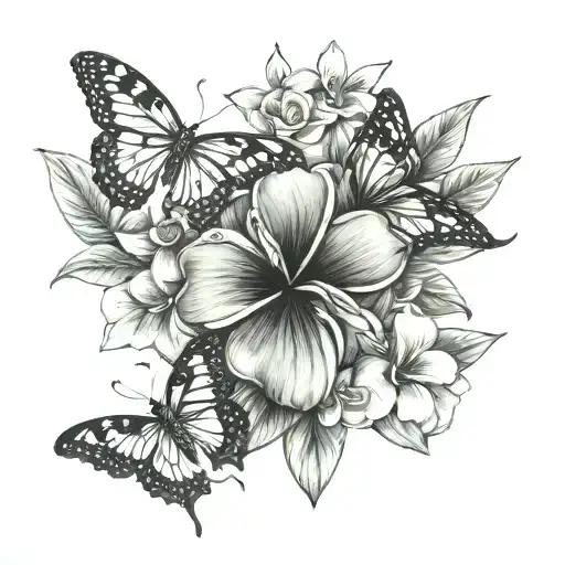 Fine Line Tattoo With A Cross And Frangipani And A Butterfly