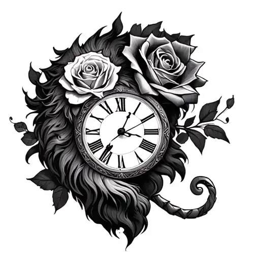 Lion And Clock And Rose Intertwined