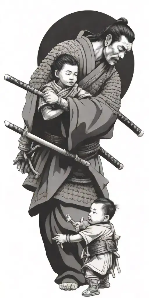 Samurai In Full Armor Ready For War With 2 Children Holding His Arms To Pull Him