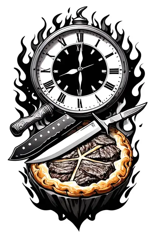 Clock And Knife And Meat Pie With Flames