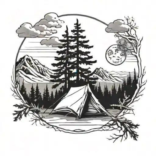 A Forearm Tattoo With Mountains Pine Trees A Tent With A Outside Campfire With A Waxing Cresent Moon
