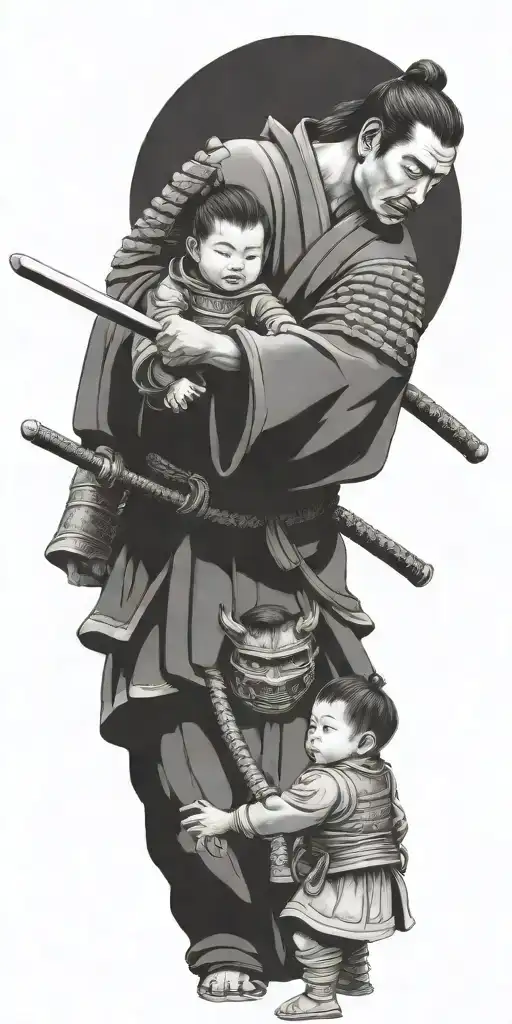 Samurai In Full Armor Ready For War With 2 Children Holding His Arms To Pull Him