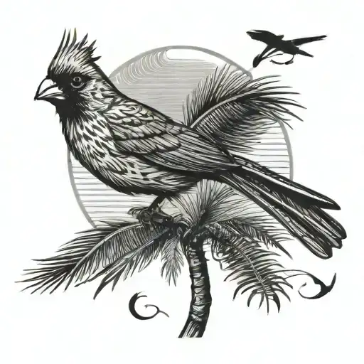 Cardinal Flying Under A Palm Tree Growing