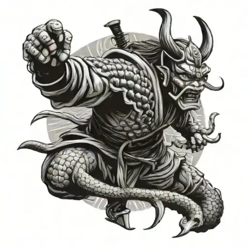 Samurai Wearing Oni Mask Fighting A Snake