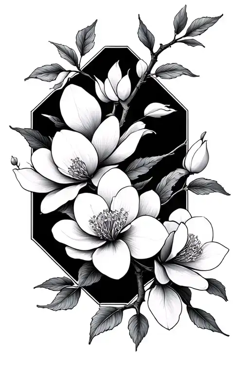 Magnolia And Cherry Blossom Branch In Fine Line Tattoo With Octagons And Travel Themes
