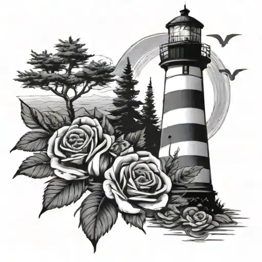 Lighthouse With Pine Trees And Roses And An Irish Symbol