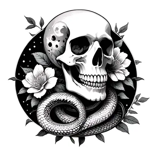 Skull With Snake Intertwined With Flowers And Moon Phases In The Background