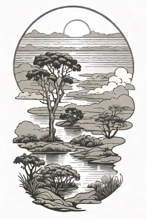 Savannah Landscape With Sunset With River With Sun Reflection