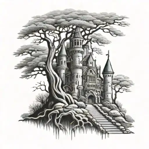 Gothic Castle Near A Tall Tree