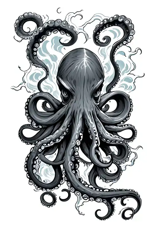 Rough Ocean Waves With Thunder With An Angry Octopus In The Middle