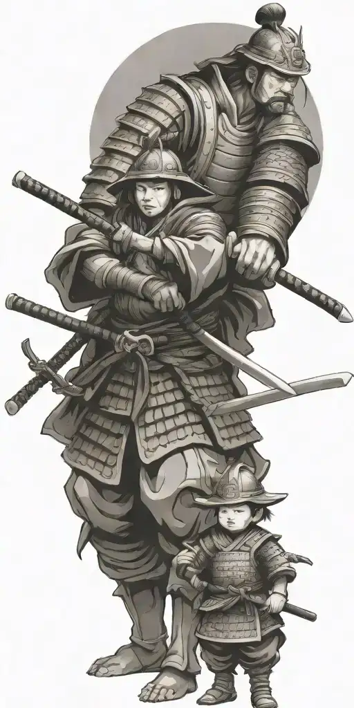 Samurai In Full Armor Ready For War With 2 Children Holding His Arms To Pull Him