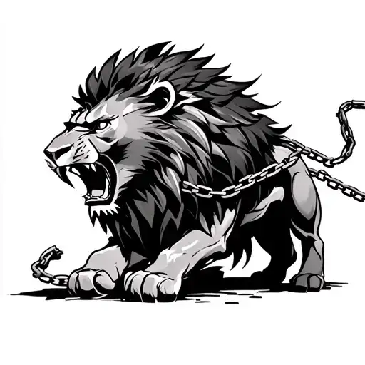 An Angry Lion Braking Free From The Chain Wrapped