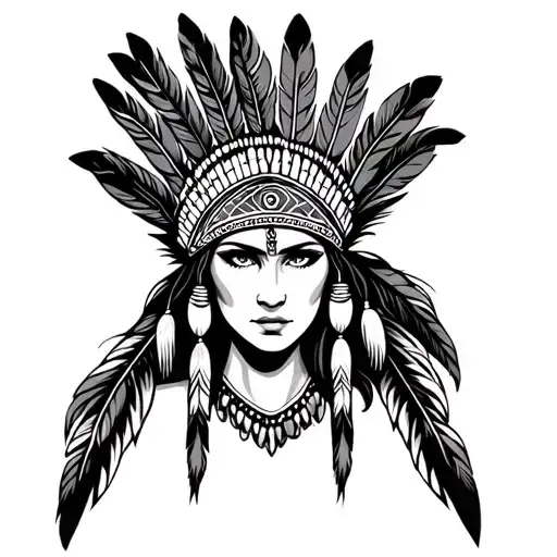 Face Woman Hunter Without Weapon With Feathers Style Indian Headdress