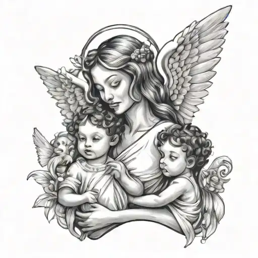 Mother With Children With Two Children With An Angel Represented As Her Daughter