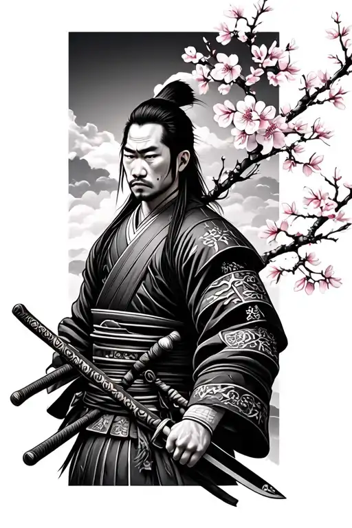 Samurai With Japanese Saber And Cherry Blossom