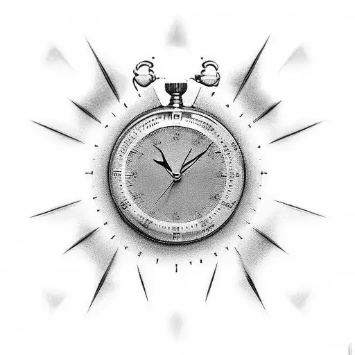 Chest Tattoo Of A Rising Sun And Vintage Stop Watch