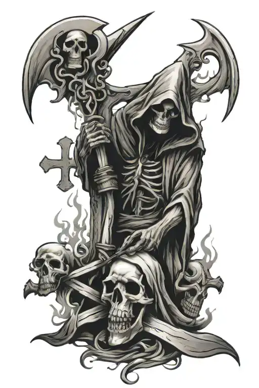 Memento Mori Writing With Grim Reaper And Cross And Burning Blood Money