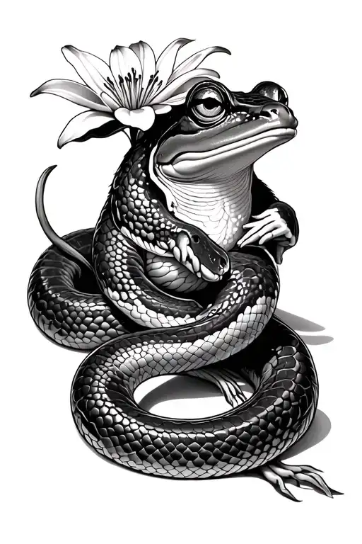 Japanese Snake With Money Frog Sitting With Lilly Flower