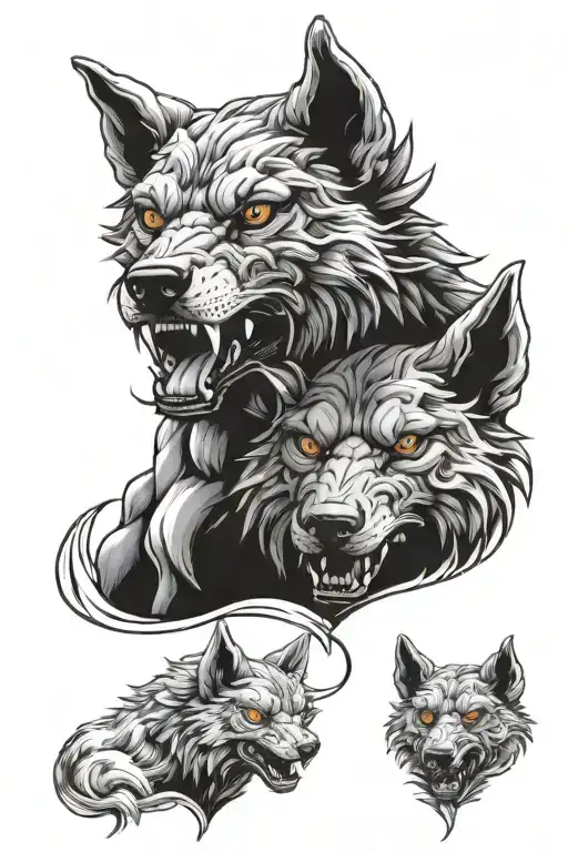 Cerberus With Wolf Heads Wrapped To Form A Heart Shape