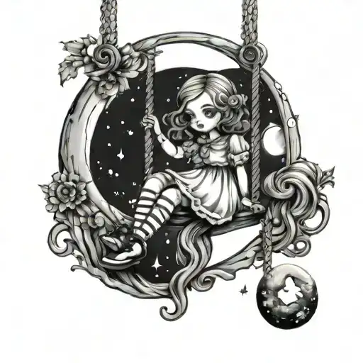 Girl On Moon Swing - Porcelain Doll Creepy Girly Vines