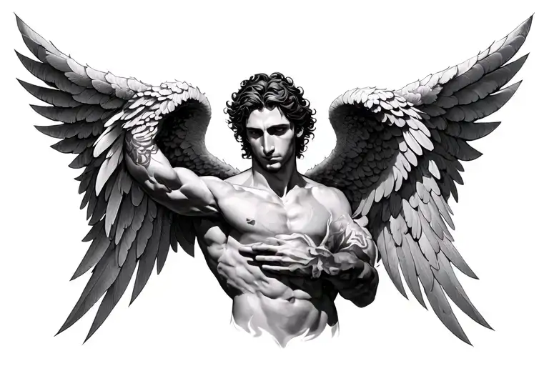 Gaurdian Angel Wings Spread Realism Blackwork Tattoo Male