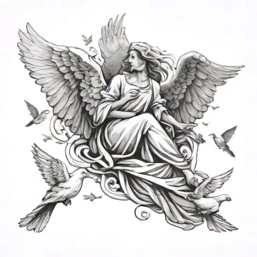 Angel Surrounded By Doves Flying Away Peacefully Sleeping