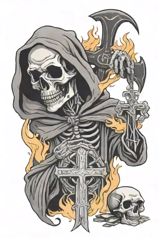 Memento Mori Writing With Grim Reaper And Cross And Burning Money