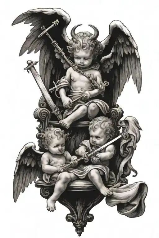 3 Baby Angels And 1 Devil In A Throne Holding A Sword