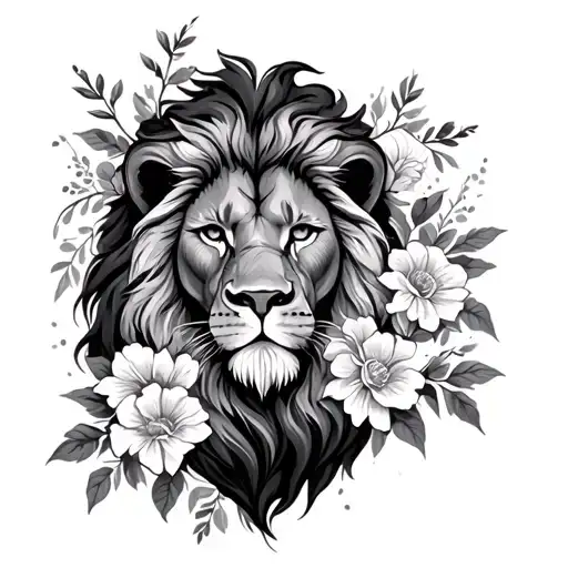 Lion And Flowers Thigh And Leg Sleeve Tattoo Design