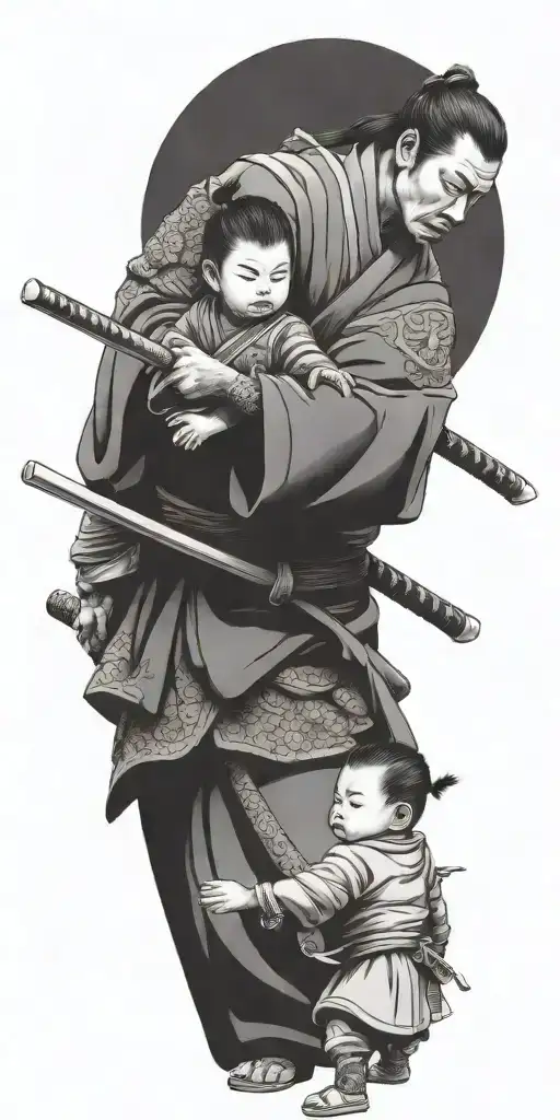Samurai Iready For War With 2 Children Holding His Arms To Pull Him