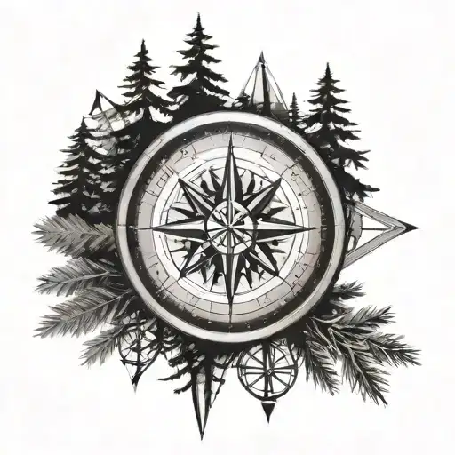 A Detailed Compass Rose Surrounded By Pine Trees And A Parachute