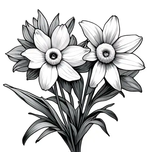 A Bouquet Of Two Narcissus And One Daisy