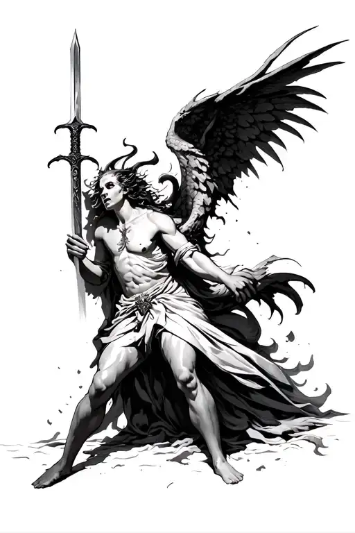 Devil Striking Down An Angel With A Sword Make The Art Style Less Real And Less Hair