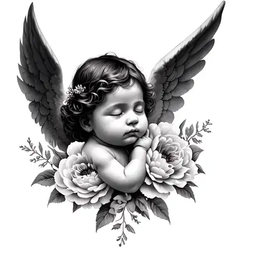 Baby Angel With Closed Eyes With Peonies Flower Sleeve Tattoo Design