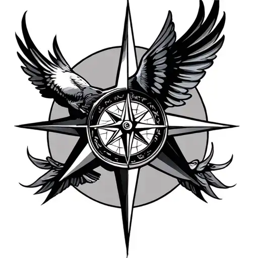 Large Compass Star Behind Swallow Bird Flying