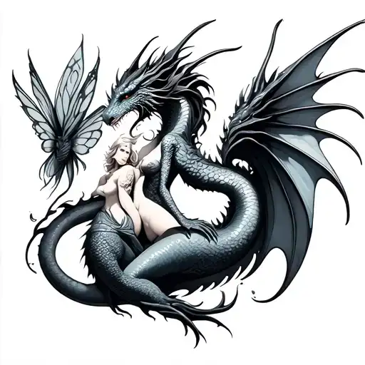 Fantasy Dragon With Fairy And Mermaid