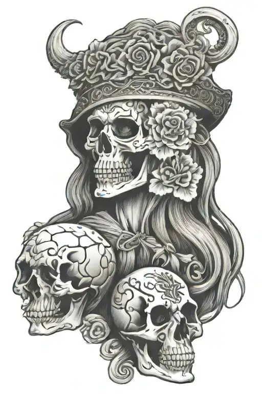 Santa Muerte Holding A Brain And A Heart With Mineshaft In The Background