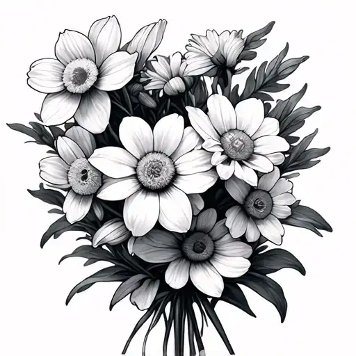 Fine Line Narcissus And Daisy Bouquet Wrapped