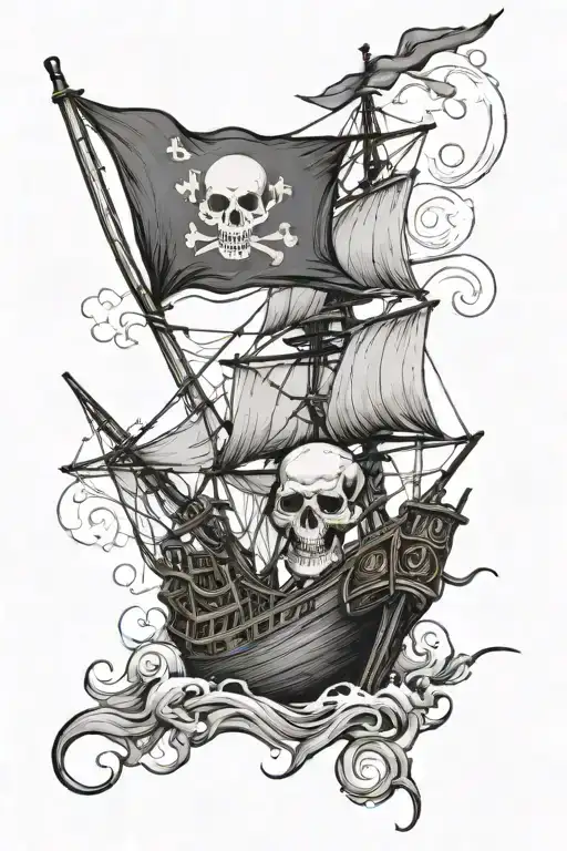 A Skull And Crossbones Flag Waving On A Pirate Ship In A Stormy Sea