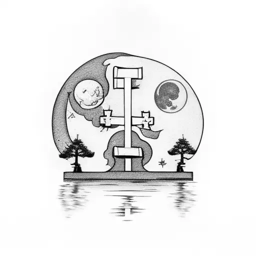 Cross With A Bonsai Tree A Moon And 3 Angel For The Arm