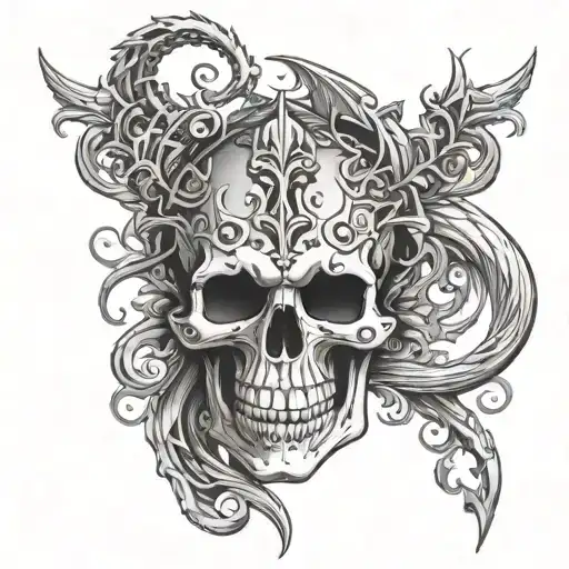 A Gothic-inspired Skull With Intricate Dagger And Dragon Motifs Intertwined In The Design