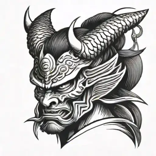 Samurai Wearing Oni Mask And Snake