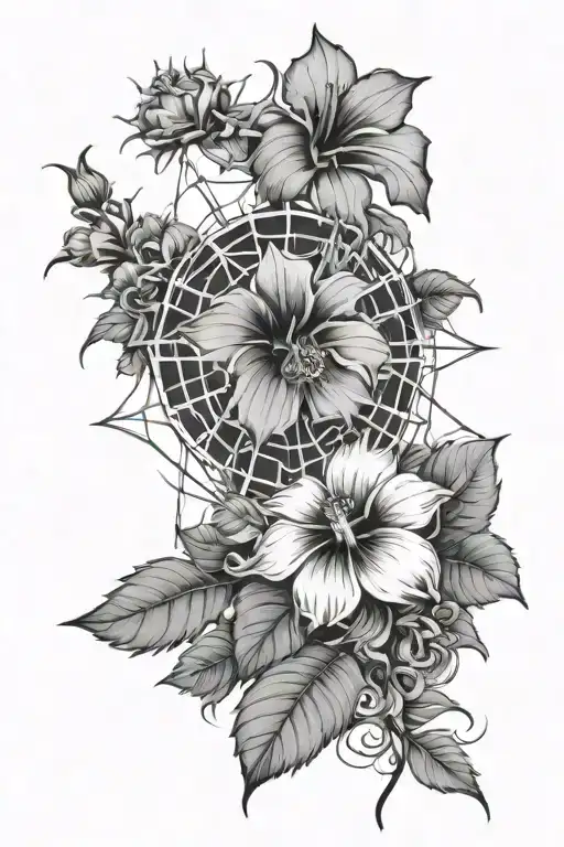Spider Web With Hibiscus And Sunflowers Around